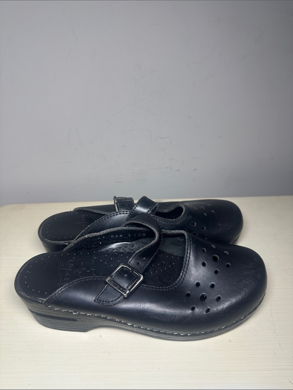 Dansko mary Jane Black Leather Slip-On Clogs with Buckle Strap